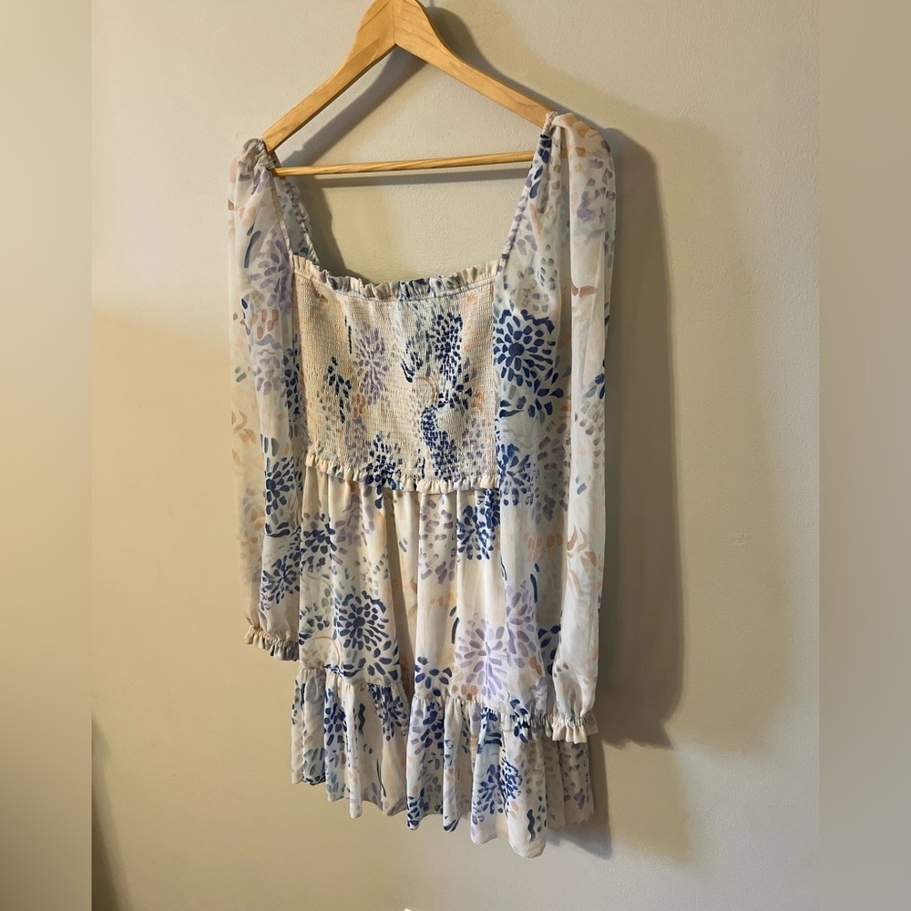 Aritzia Wilfred Tempest Blue Floral Chiffon Mini Dress Long Sheer Sleeve - Picture 4 of 10